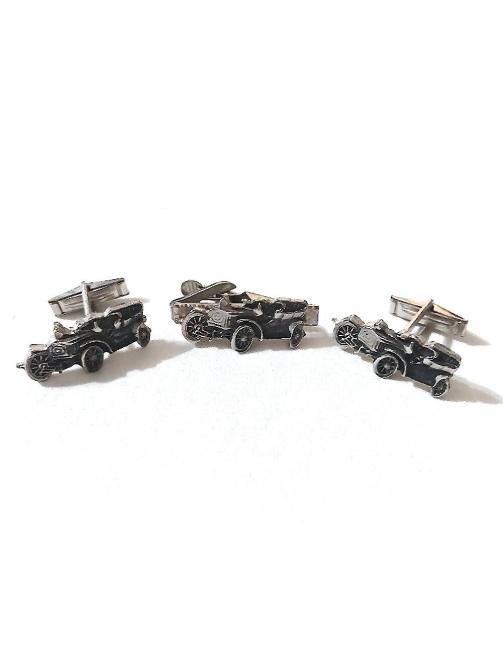 Vintage Antique Car Cufflinks & Tie Clip Set Silver Tone Automobile Unbranded